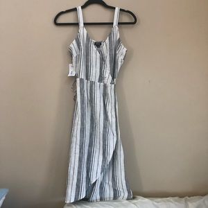 Grey and white striped linen wrap dress